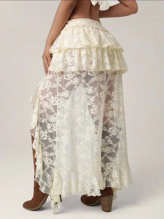Boho Lace High-Low Ruffle Skirt in Cream - Picture 2 of 2